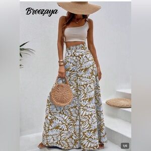 Women's SHEIN Brown & White Leaf Print Wide Leg Pants Size L